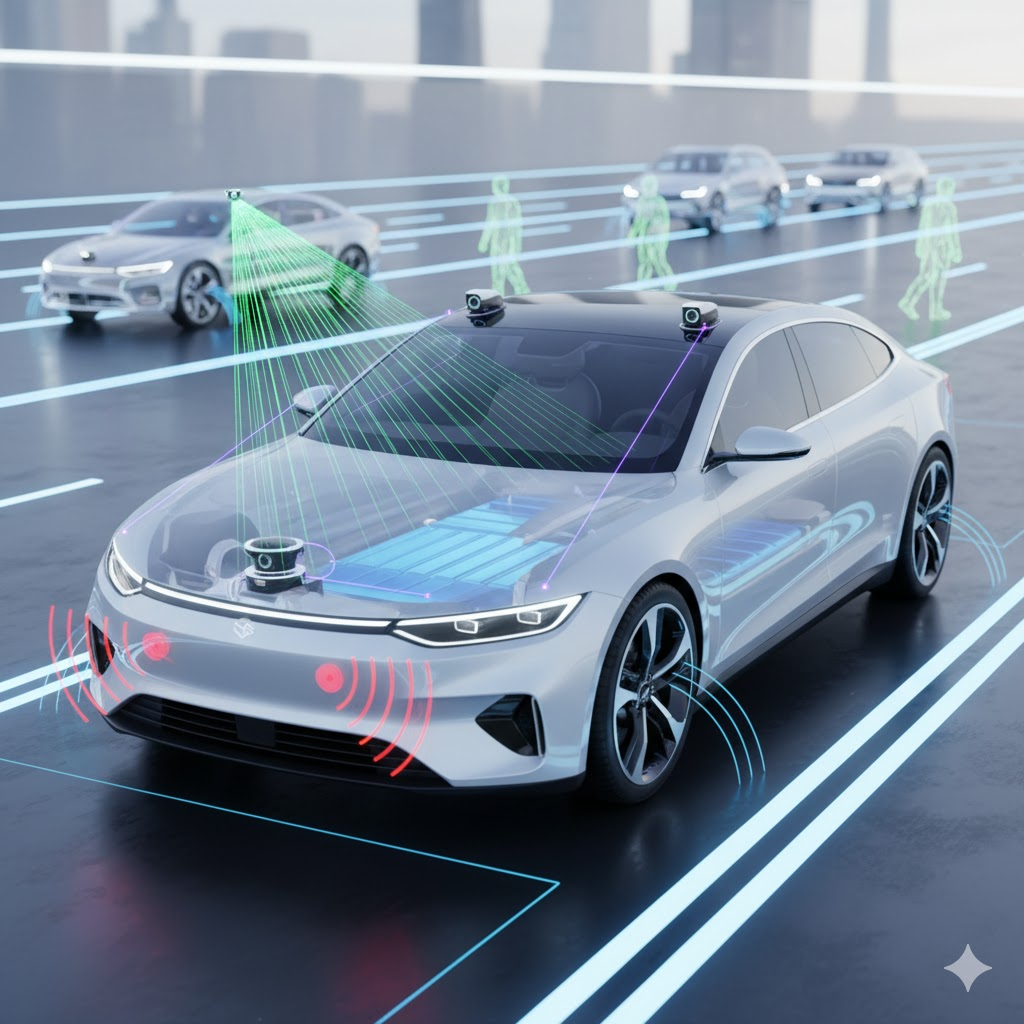 Hình ảnh 3D minh họa xe điện đang hoạt động với hệ thống cảm biến radar, lidar và camera hỗ trợ an toàn chủ động.