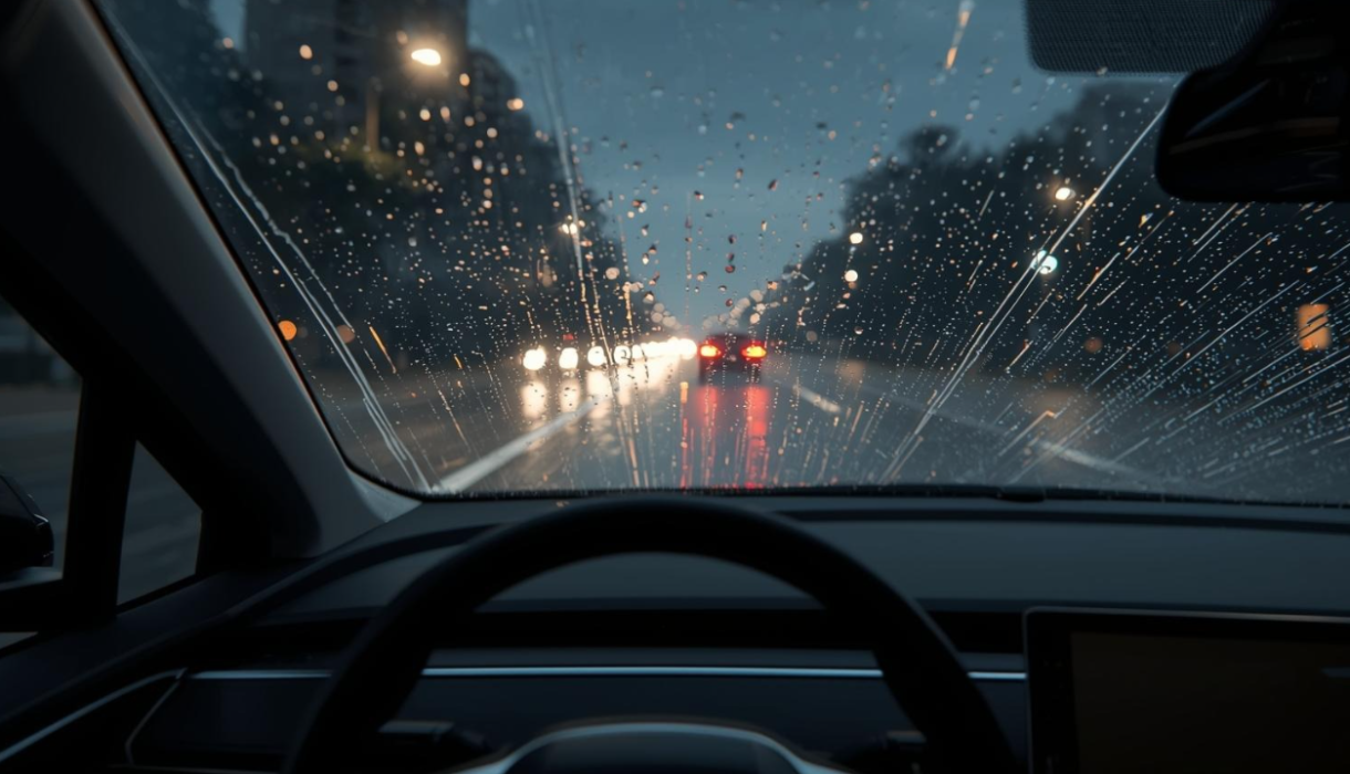 Kính lái ô tô bị bám nước khi trời mưa, cần gạt đang hoạt động