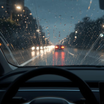 Kính lái ô tô bị bám nước khi trời mưa, cần gạt đang hoạt động