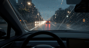 Kính lái ô tô bị bám nước khi trời mưa, cần gạt đang hoạt động