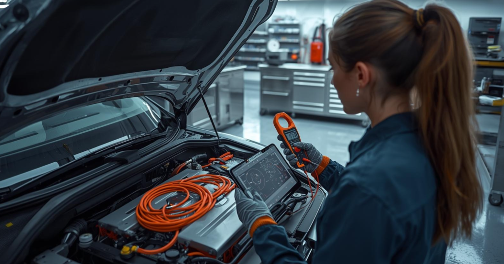 Kỹ thuật viên kiểm tra hệ thống điện cao áp trên ô tô điện bằng thiết bị chẩn đoán