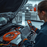 Kỹ thuật viên kiểm tra hệ thống điện cao áp trên ô tô điện bằng thiết bị chẩn đoán