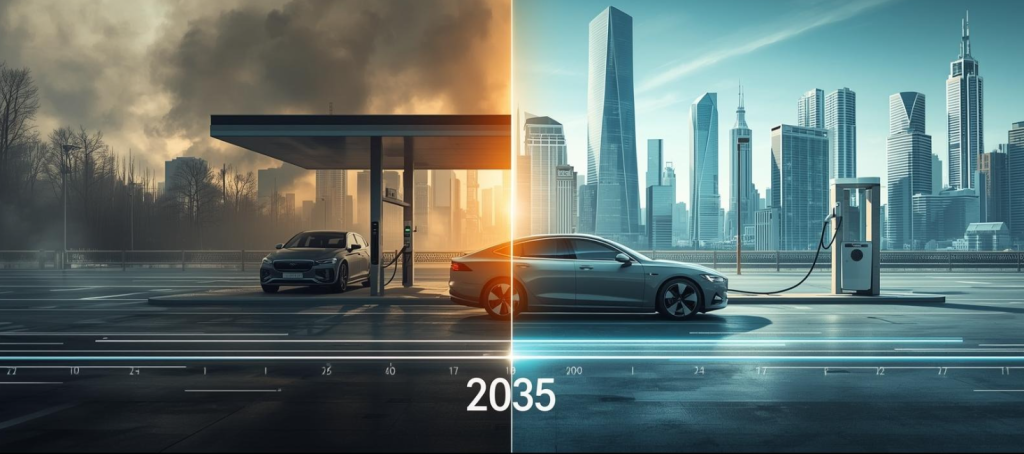 Hình ảnh so sánh xe điện và xe xăng với cột mốc chuyển đổi vào năm 2035, phân tích liệu xe điện có thay thế hoàn toàn xe xăng