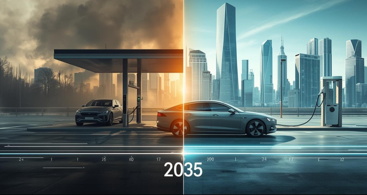 Hình ảnh so sánh xe điện và xe xăng với cột mốc chuyển đổi vào năm 2035, phân tích liệu xe điện có thay thế hoàn toàn xe xăng