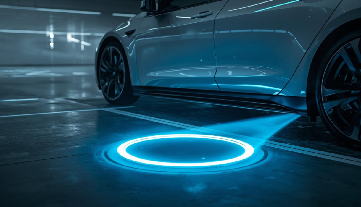 Hình ảnh minh họa công nghệ sạc không dây cho xe điện, với một tấm sạc trên sàn truyền năng lượng lên gầm xe.