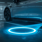 Hình ảnh minh họa công nghệ sạc không dây cho xe điện, với một tấm sạc trên sàn truyền năng lượng lên gầm xe.