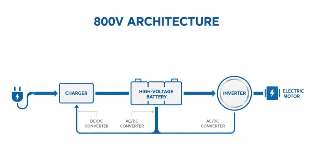 Minh họa kiến trúc sạc 800V – hệ thống điện áp cao cho xe điện.