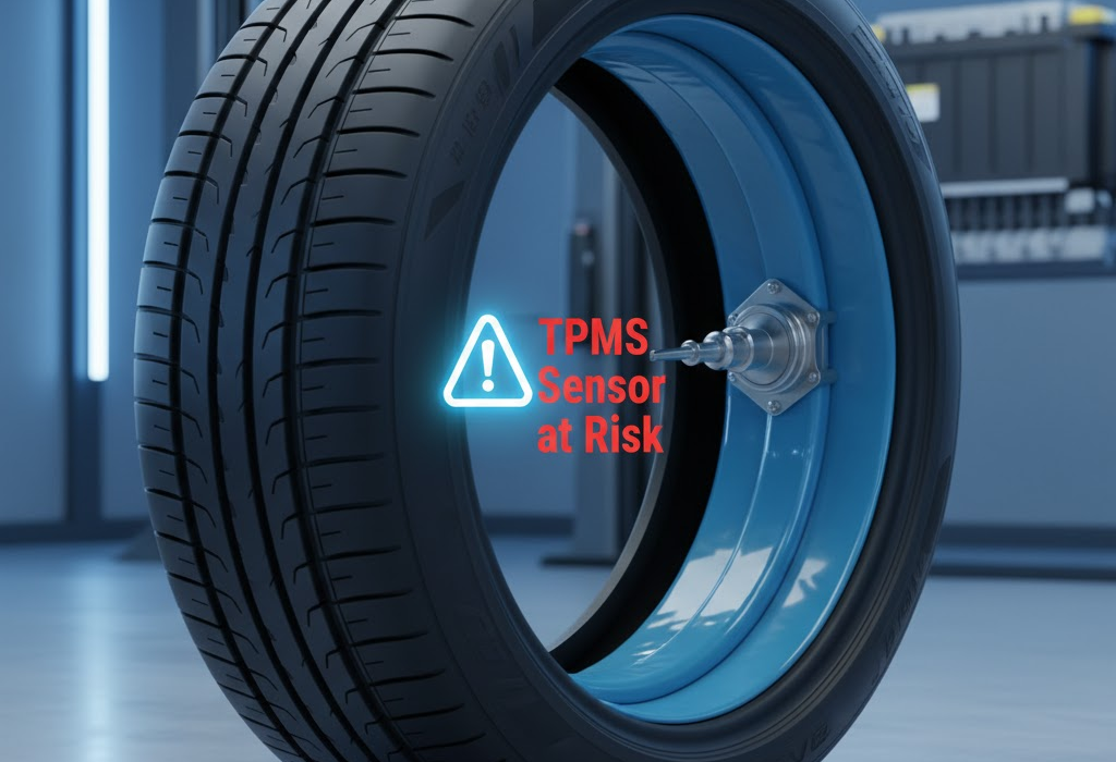 Mặt cắt ngang lốp xe điện được bơm keo chống đinh, hiển thị cảm biến TPMS bên trong cùng cảnh báo nguy cơ hỏng cảm biến.
