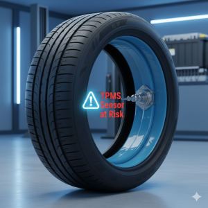 Mặt cắt ngang lốp xe điện được bơm keo chống đinh, hiển thị cảm biến TPMS bên trong cùng cảnh báo nguy cơ hỏng cảm biến.