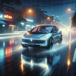 Một chiếc xe điện đang sạc dưới trời mưa vào ban đêm, đèn xe sáng.