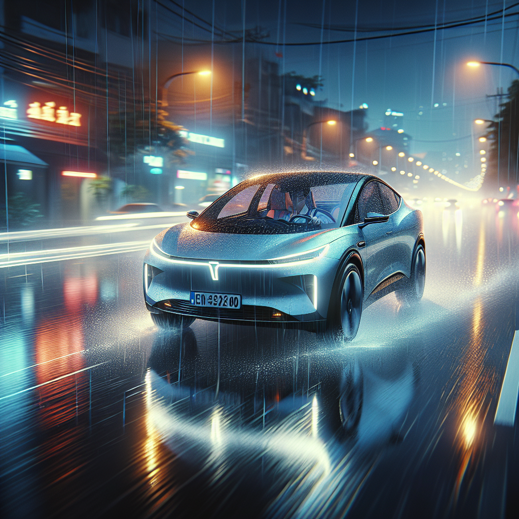 Một chiếc xe điện đang sạc dưới trời mưa vào ban đêm, đèn xe sáng.