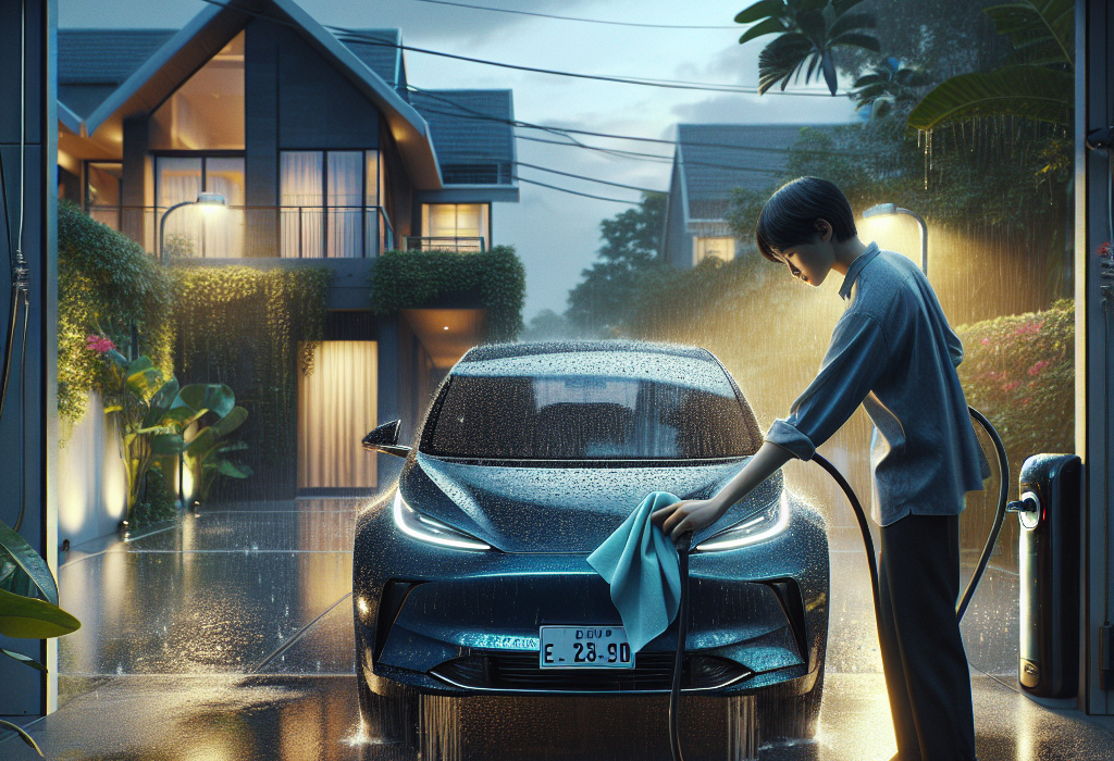 Một chiếc xe điện màu trắng đang sạc dưới trời mưa nhẹ, cổng sạc được che chắn cẩn thận.