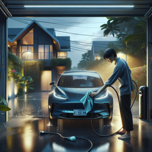 Một chiếc xe điện màu trắng đang sạc dưới trời mưa nhẹ, cổng sạc được che chắn cẩn thận.