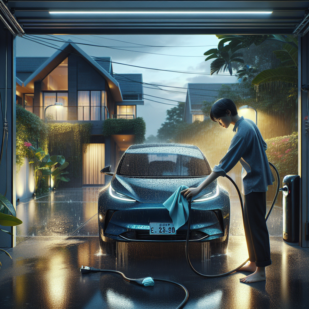 Một chiếc xe điện màu trắng đang sạc dưới trời mưa nhẹ, cổng sạc được che chắn cẩn thận.