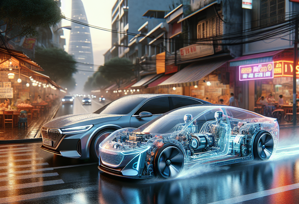 Sơ đồ cắt lớp của hệ truyền động xe điện, cho thấy động cơ điện và bộ giảm tốc một cấp.