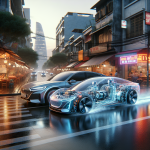 Sơ đồ cắt lớp của hệ truyền động xe điện, cho thấy động cơ điện và bộ giảm tốc một cấp.