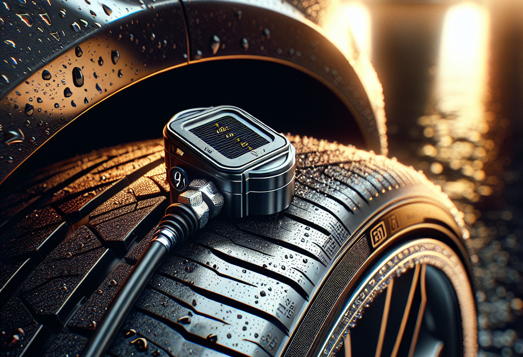 Bộ cảm biến áp suất lốp TPMS với màn hình hiển thị và 4 van cảm biến gắn ngoài được trưng bày.