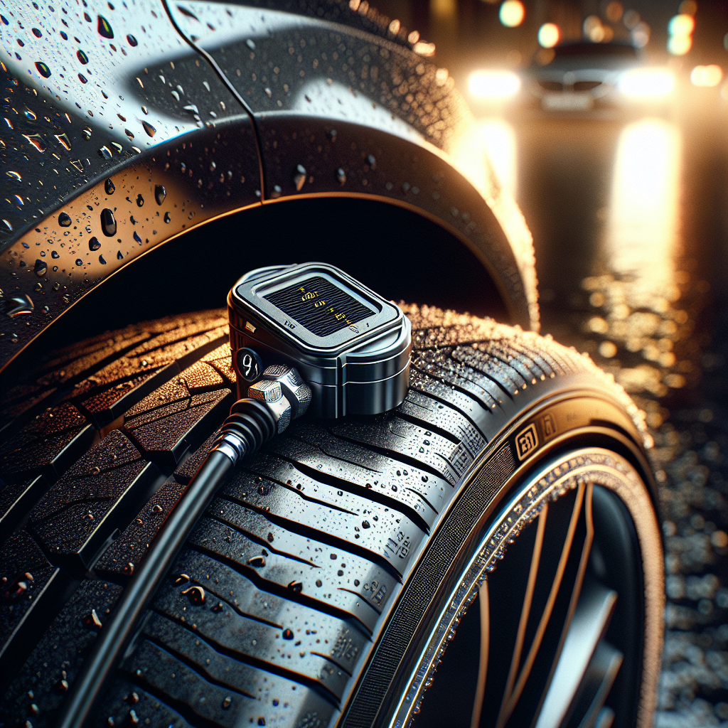 Bộ cảm biến áp suất lốp TPMS với màn hình hiển thị và 4 van cảm biến gắn ngoài được trưng bày.