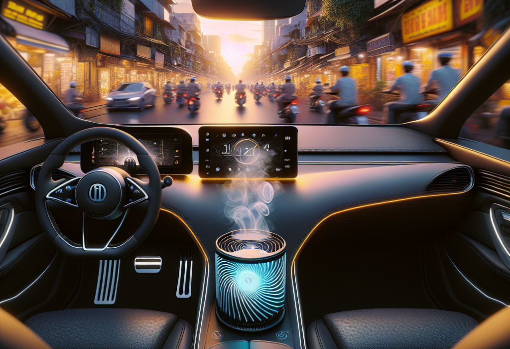 Máy lọc không khí mini màu đen đặt gọn gàng trong hộc để ly trên xe điện, có luồng sáng xanh hiển thị hoạt động.