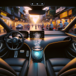 Máy lọc không khí mini màu đen đặt gọn gàng trong hộc để ly trên xe điện, có luồng sáng xanh hiển thị hoạt động.