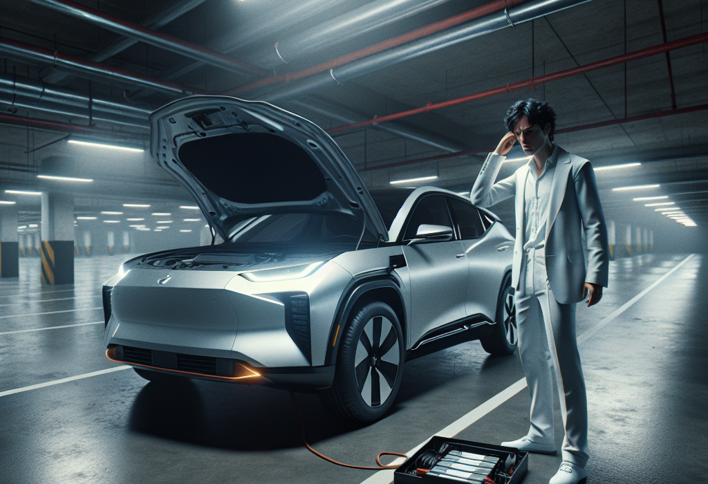 Một kỹ thuật viên đang dùng vôn kế để kiểm tra điện áp của ắc quy 12V bên trong khoang máy của một chiếc xe điện.