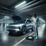 Một kỹ thuật viên đang dùng vôn kế để kiểm tra điện áp của ắc quy 12V bên trong khoang máy của một chiếc xe điện.