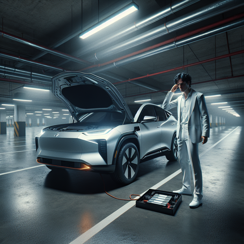 Một kỹ thuật viên đang dùng vôn kế để kiểm tra điện áp của ắc quy 12V bên trong khoang máy của một chiếc xe điện.