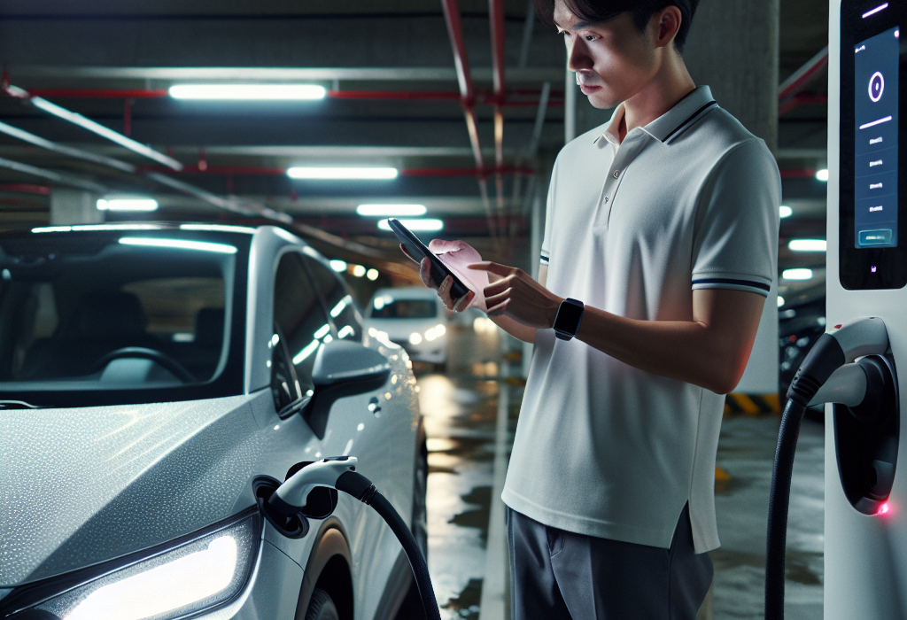 Một người dùng xe điện đang nhìn vào màn hình trụ sạc hiển thị lỗi với vẻ mặt bối rối.