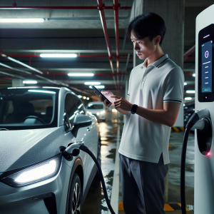 Một người dùng xe điện đang nhìn vào màn hình trụ sạc hiển thị lỗi với vẻ mặt bối rối.