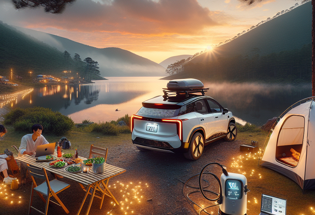 Một chiếc xe điện VinFast VF 8 đang sử dụng tính năng V2L để cấp điện cho một dàn đèn và loa tại một buổi cắm trại buổi tối.