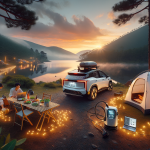 Một chiếc xe điện VinFast VF 8 đang sử dụng tính năng V2L để cấp điện cho một dàn đèn và loa tại một buổi cắm trại buổi tối.