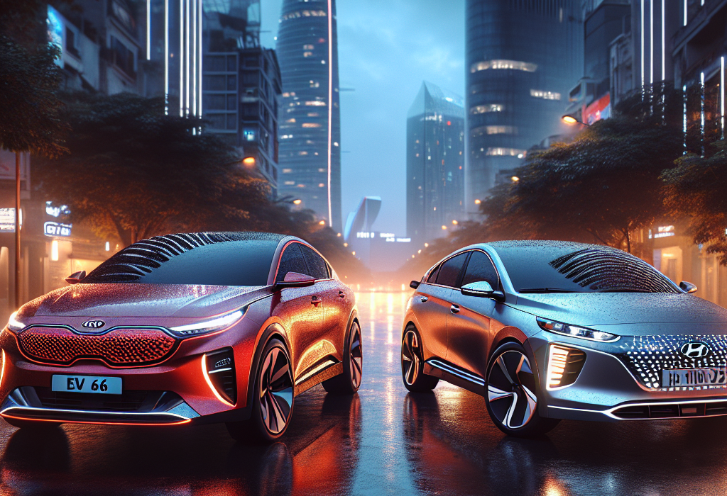 Kia EV6 màu đỏ thể thao và Hyundai Ioniq 5 màu xám bạc retro đỗ cạnh nhau, thể hiện sự đối lập về thiết kế.