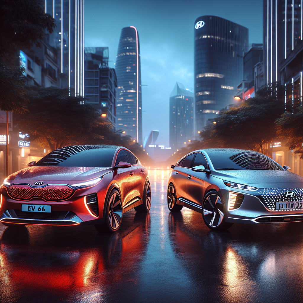 Kia EV6 màu đỏ thể thao và Hyundai Ioniq 5 màu xám bạc retro đỗ cạnh nhau, thể hiện sự đối lập về thiết kế.