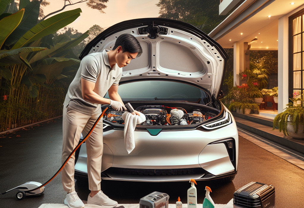 Một người đang dùng khăn microfiber và chổi lông mềm để vệ sinh khoang frunk của một chiếc xe điện màu trắng.