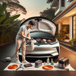 Một người đang dùng khăn microfiber và chổi lông mềm để vệ sinh khoang frunk của một chiếc xe điện màu trắng.