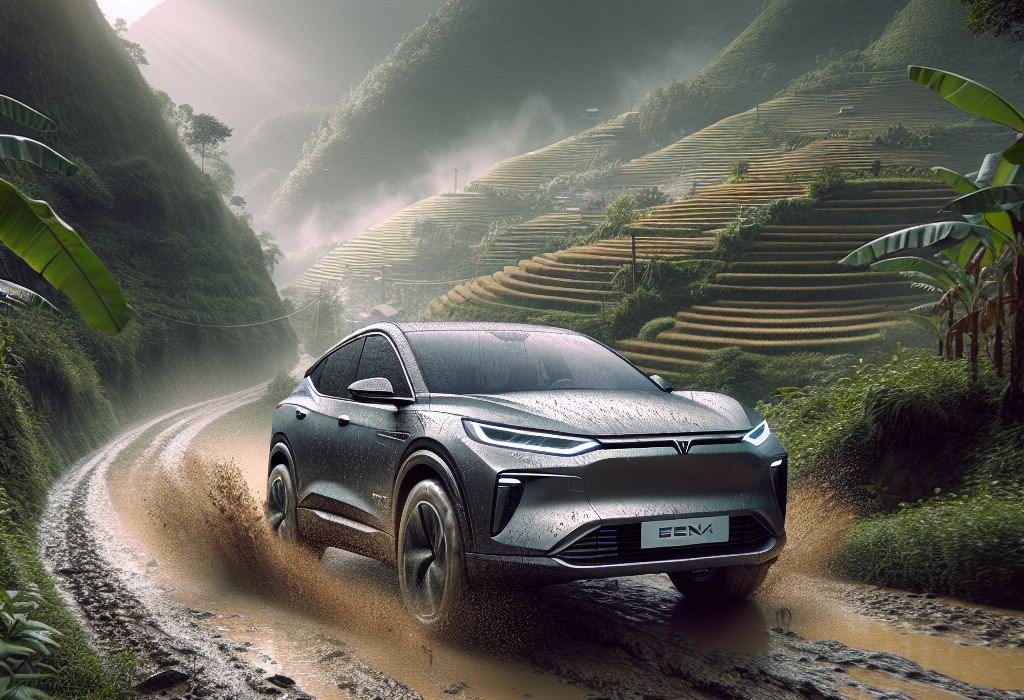 Một chiếc xe điện VinFast VF 8 màu xám đang di chuyển trên một con đường đất gồ ghề, có cây cối xung quanh.