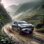 Một chiếc xe điện VinFast VF 8 màu xám đang di chuyển trên một con đường đất gồ ghề, có cây cối xung quanh.