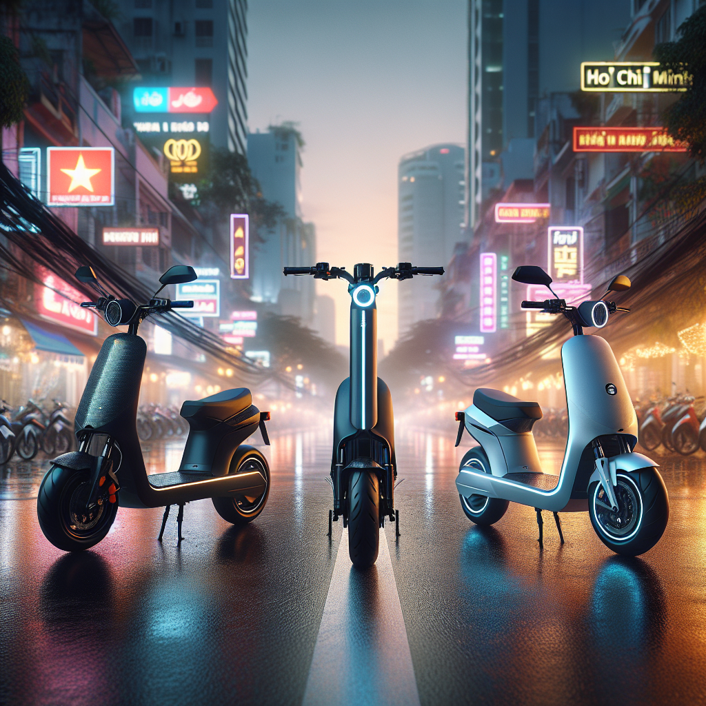 Ba chiếc xe máy điện của VinFast, Yadea và Dat Bike đang đỗ cạnh nhau, đại diện cho cuộc đua công nghệ trên thị trường Việt Nam.