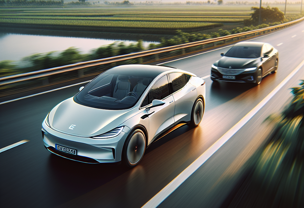 Một chiếc xe điện màu trắng đang thực hiện thao tác vượt một xe khác trên đường cao tốc quang đãng.