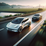 Một chiếc xe điện màu trắng đang thực hiện thao tác vượt một xe khác trên đường cao tốc quang đãng.