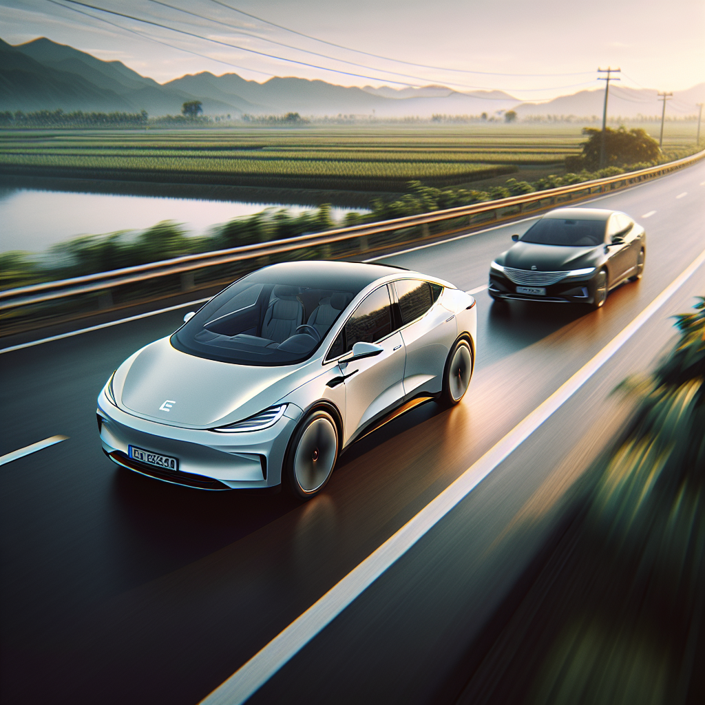Một chiếc xe điện màu trắng đang thực hiện thao tác vượt một xe khác trên đường cao tốc quang đãng.
