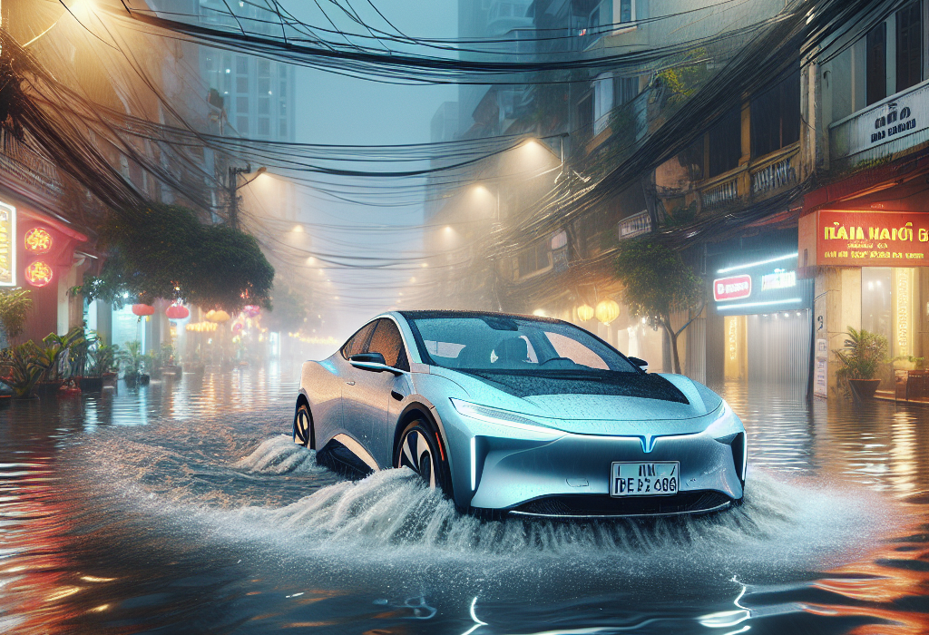 Một chiếc xe điện đang di chuyển qua một con đường ngập nước, tia nước bắn lên từ bánh xe.