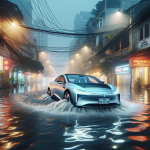 Một chiếc xe điện đang di chuyển qua một con đường ngập nước, tia nước bắn lên từ bánh xe.