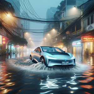 Một chiếc xe điện đang di chuyển qua một con đường ngập nước, tia nước bắn lên từ bánh xe.