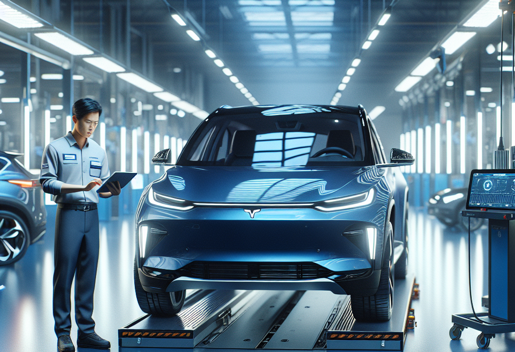 Một chiếc VinFast VF 8 màu xám đang được kỹ thuật viên kiểm tra hệ thống phanh trong xưởng dịch vụ hiện đại của VinFast.