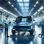 Một chiếc VinFast VF 8 màu xám đang được kỹ thuật viên kiểm tra hệ thống phanh trong xưởng dịch vụ hiện đại của VinFast.