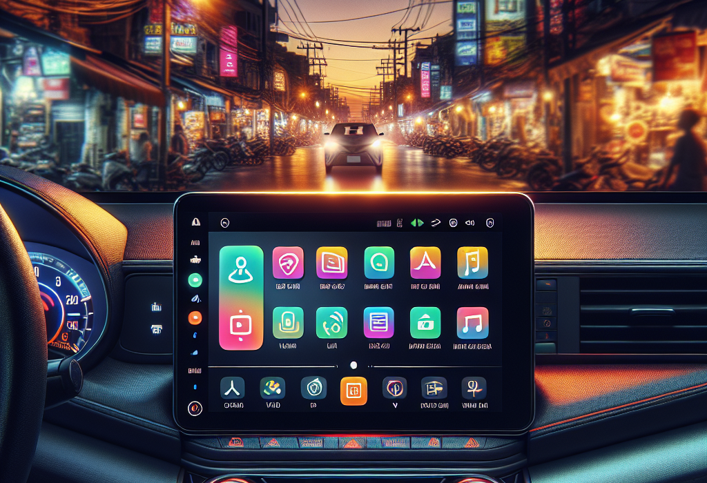 Nội thất một chiếc xe điện hiện đại với màn hình cảm ứng trung tâm lớn hiển thị bản đồ và các chức năng của xe.