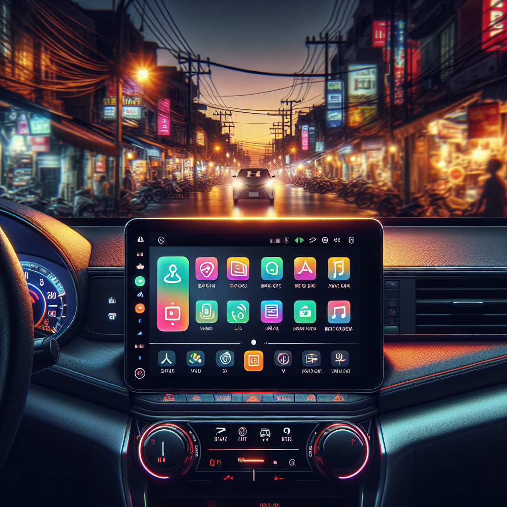 Nội thất một chiếc xe điện hiện đại với màn hình cảm ứng trung tâm lớn hiển thị bản đồ và các chức năng của xe.