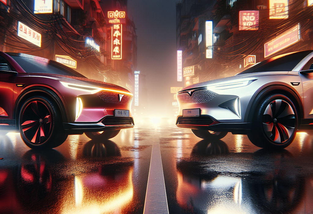 Hình ảnh so sánh song song giữa xe điện VinFast VF 7 màu xám và BYD Atto 3 màu xanh dương trên một con đường.