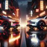 Hình ảnh so sánh song song giữa xe điện VinFast VF 7 màu xám và BYD Atto 3 màu xanh dương trên một con đường.